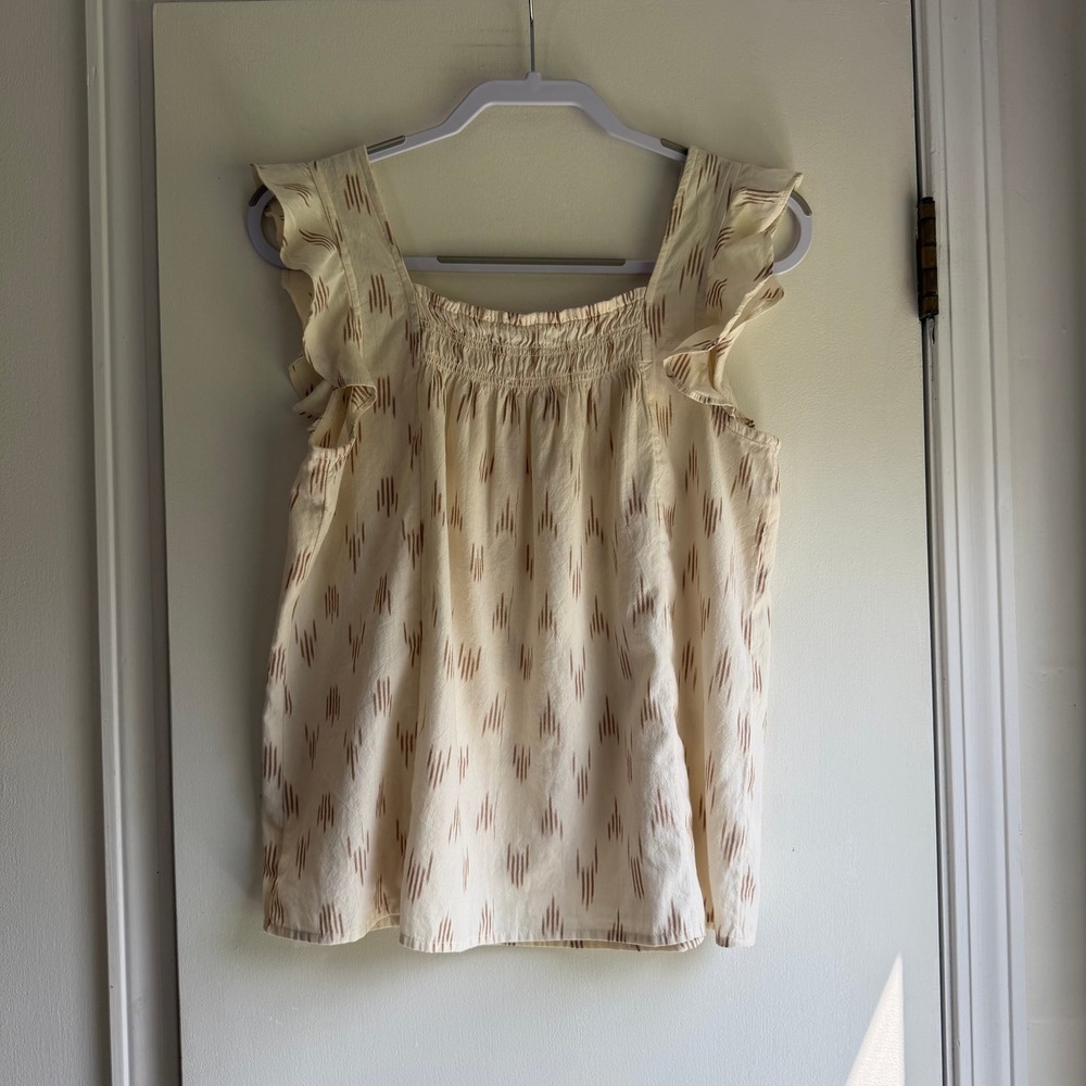 Madewell Womens Small Smocked Ruffle Sleeve Top Ivory Brown Ikat Cotton Tank